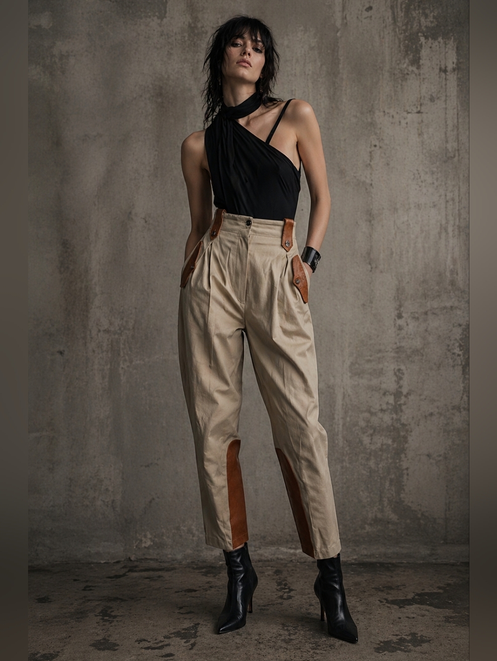 Avant Garde High Waist Utility Riding Pants Tan Leather Detail XS - S